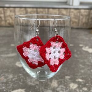 Red & Pink Crochet Granny Square Earrings
